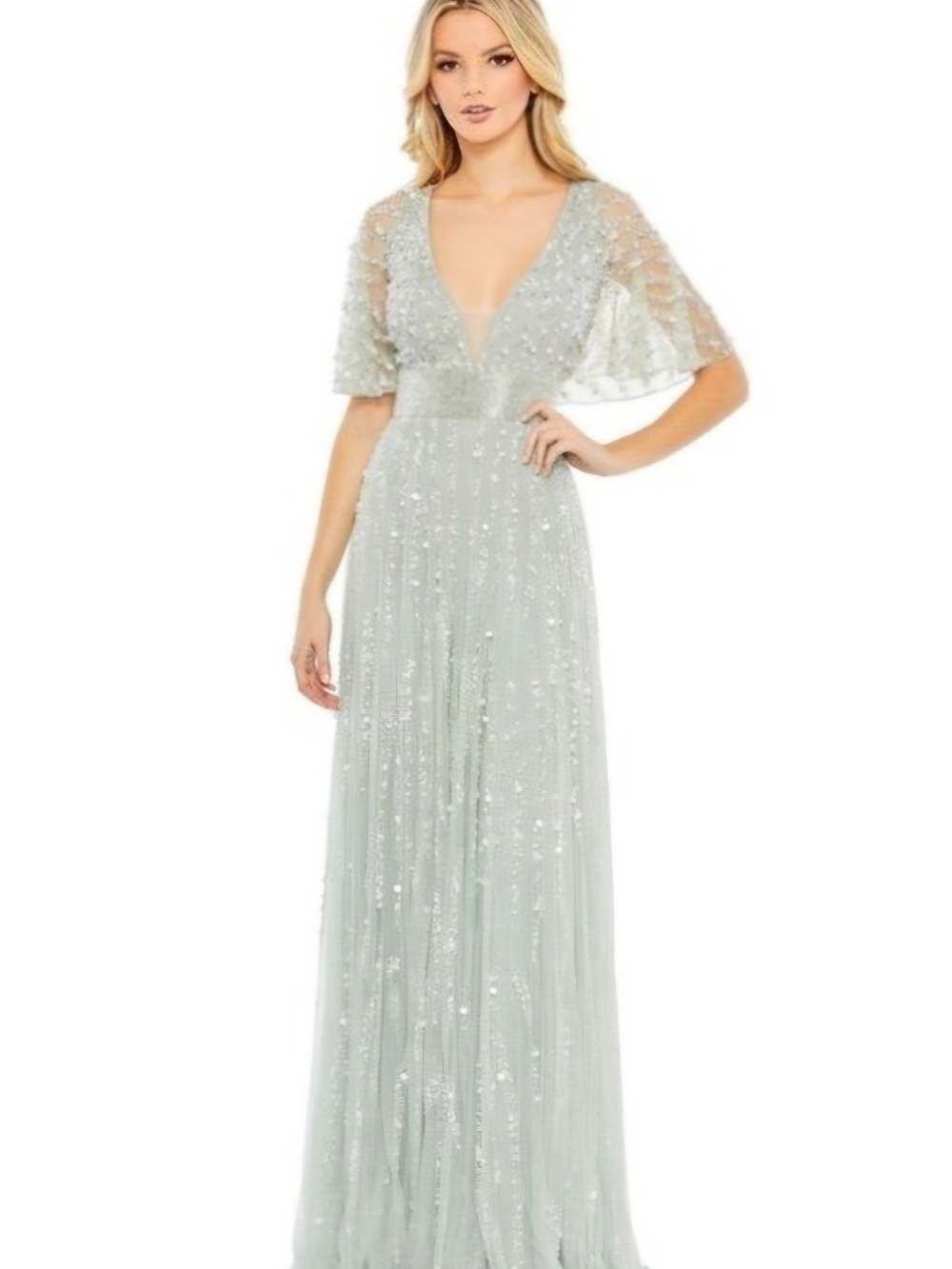 Mac Duggal Pale Mint Sequin V-Neck Evening Dress